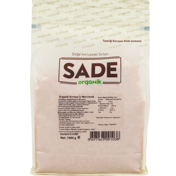 Sade Organik Kırmızı Mercimek 1000 gr