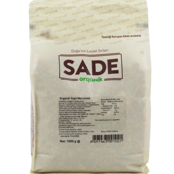 Sade Organik Yeşil Mercimek 1000 gr