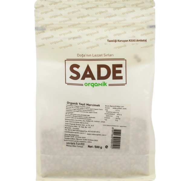 Sade Organik Yeşil Mercimek 500 gr