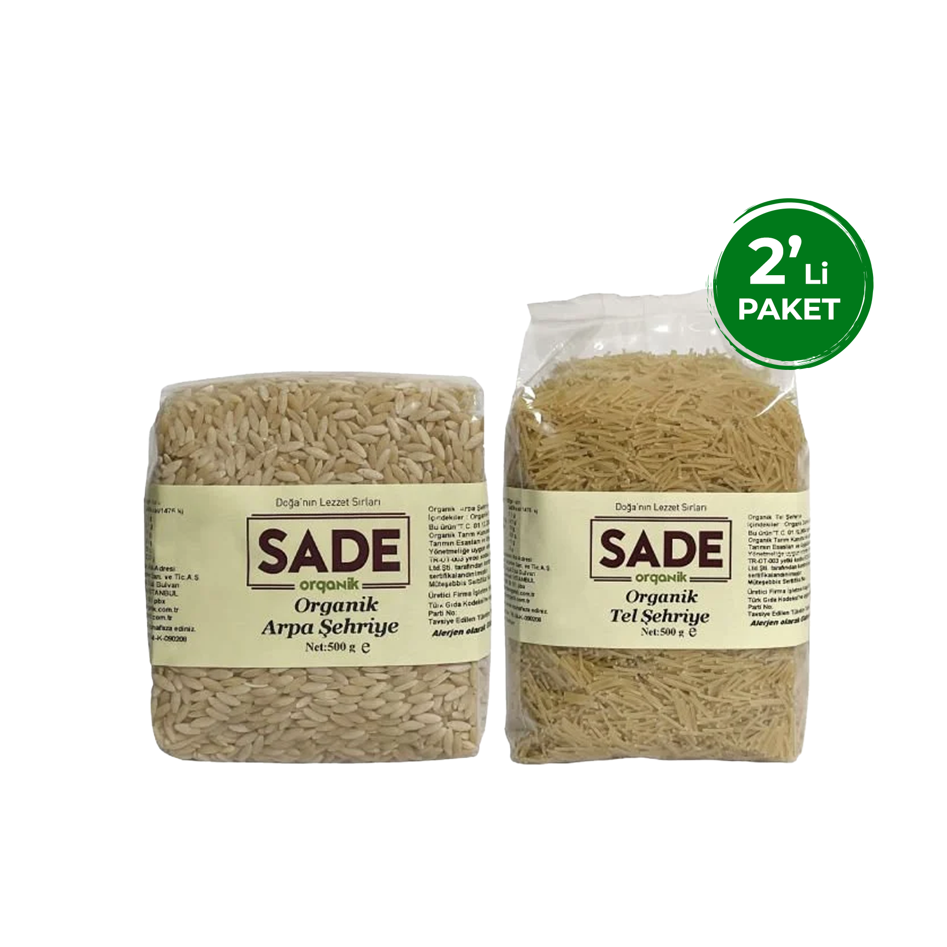 Sade Organik Arpa Ve Tel Şehriye ( 2x500 gr )