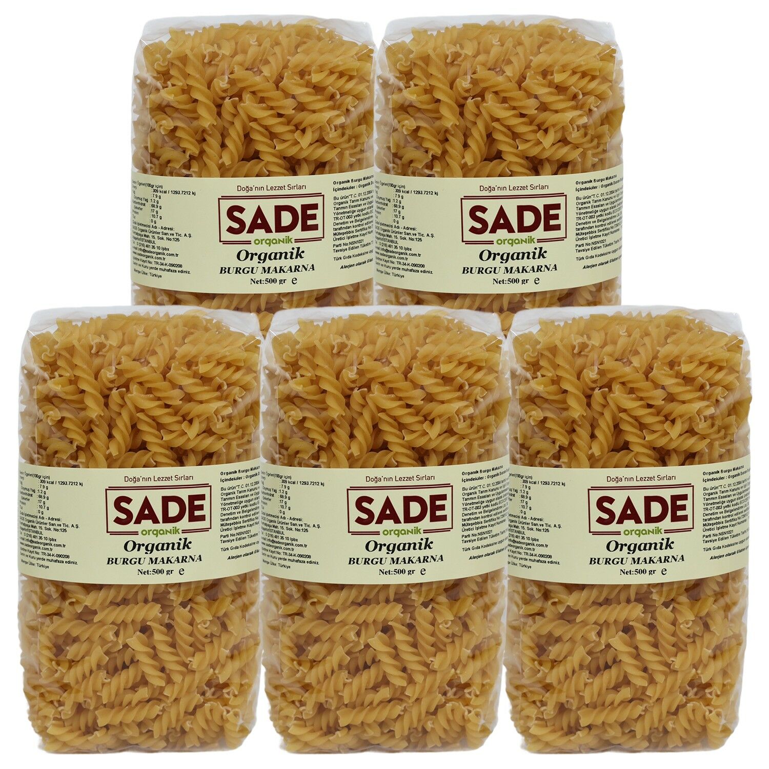 Sade Organik Burgu Makarna 500 gr 5'li Paket