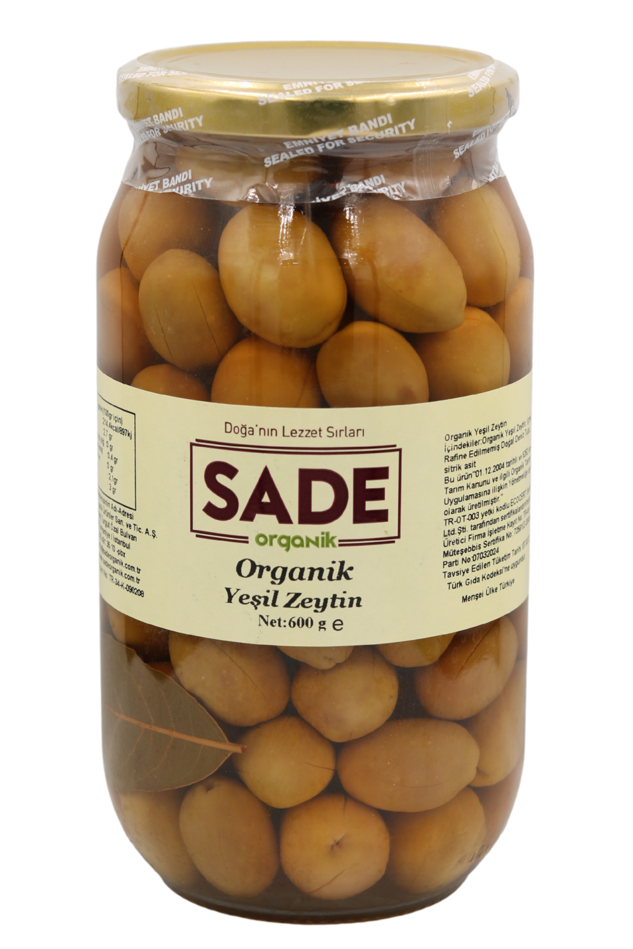 Sade Organik Yeşil Zeytin 600 GR