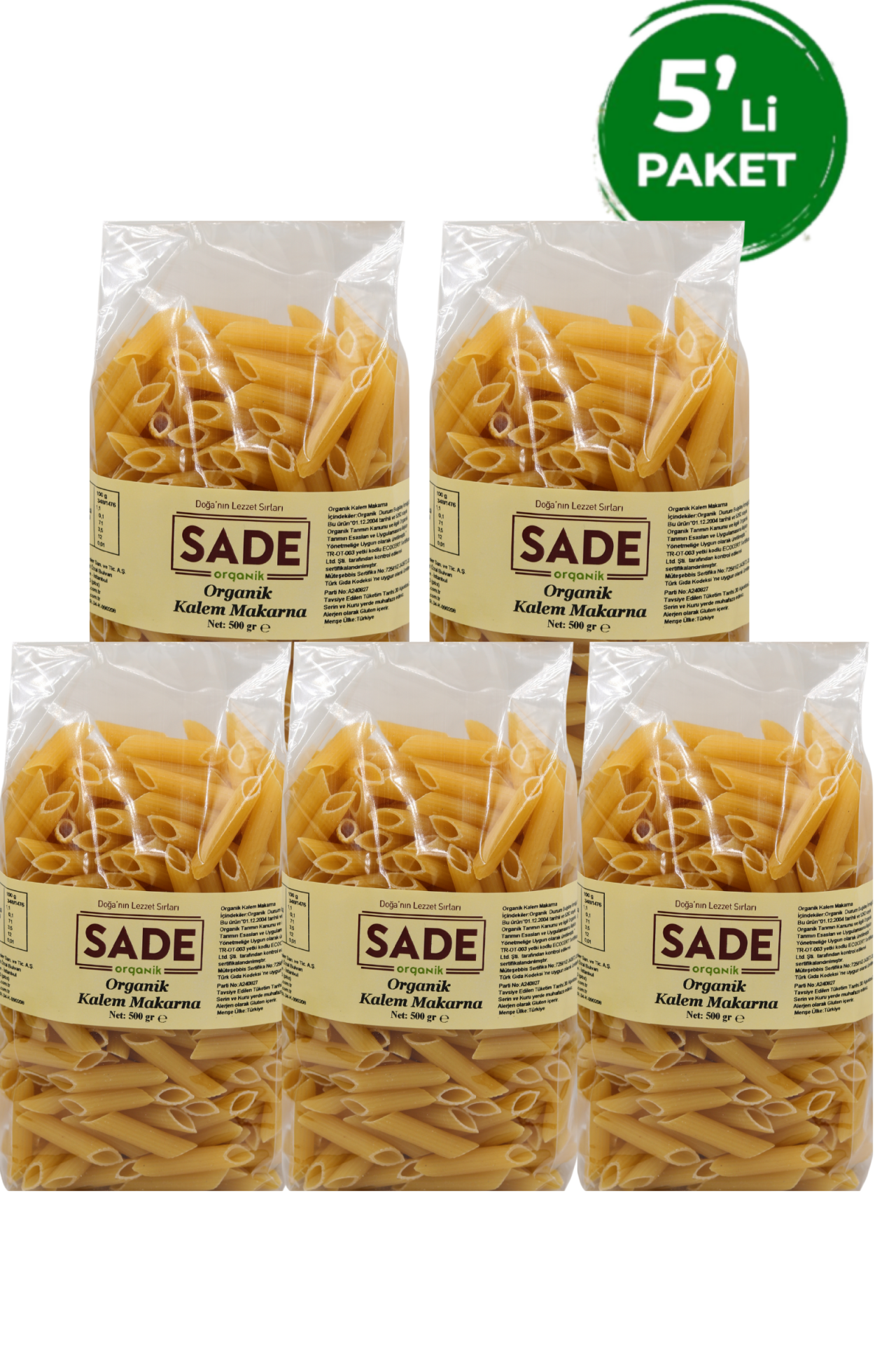 Sade Organik Kalem Makarna 500 gr 5'li Paket